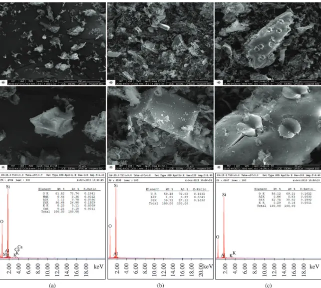 Figure 6. SEM micrographs and EDS of sugar cane bagasse ash (SCBA) after calcination at (a) 500°C, (b) 600°C and (c) 700°C.