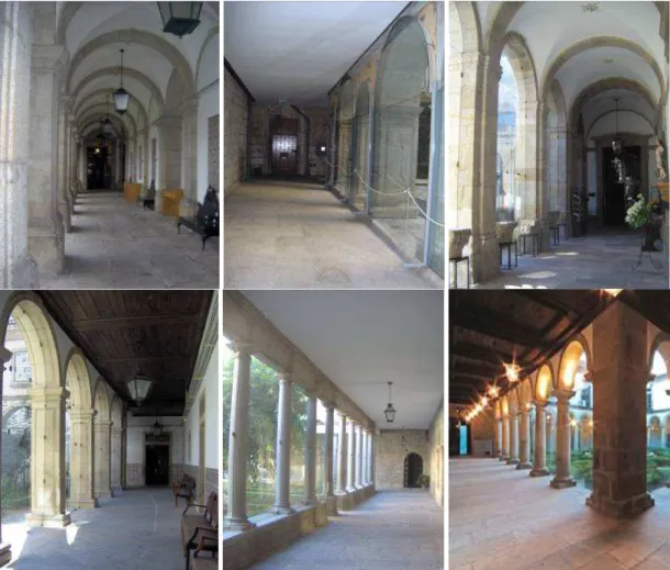 Fig. 1 to 6 The six studied cloisters with the rehabilitated galleries: openings between galleries and central yard closed with  glass (top left to bottom right: BP, PSP, SB, ESE, SF, and CA) [3]
