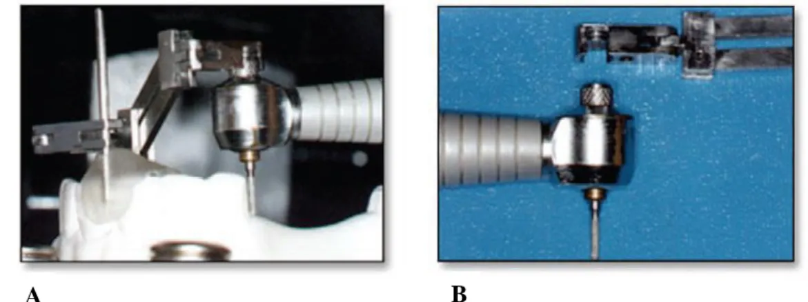 Figura 8: ParalAB (A) Planos-guia a serem preparados com o dispositivo ParalAB;  (B)  Peça  de  mão  com  uma  área  magnética  para  ser  encaixado  nesse  local  o  braço  do  ParalAB (Borges et al., 2010)