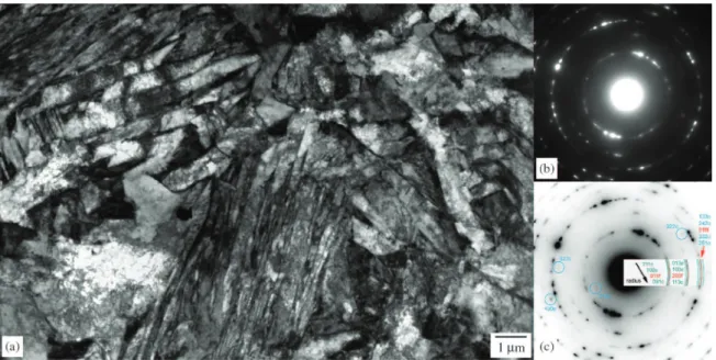 Figure 2. TEM BF micrograph showing formation of two orthogonal variants of ine cementite rods inside a martensite lath in (a)