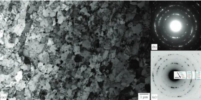 Figure 5. Thin foil TEM micrograph obtained after warm thermomechanical processing. Typical panoramic view showing formation of  equiaxed and elongated grains of ferrite and particles of rounded cementite in (a) with its respective polycrystalline electron