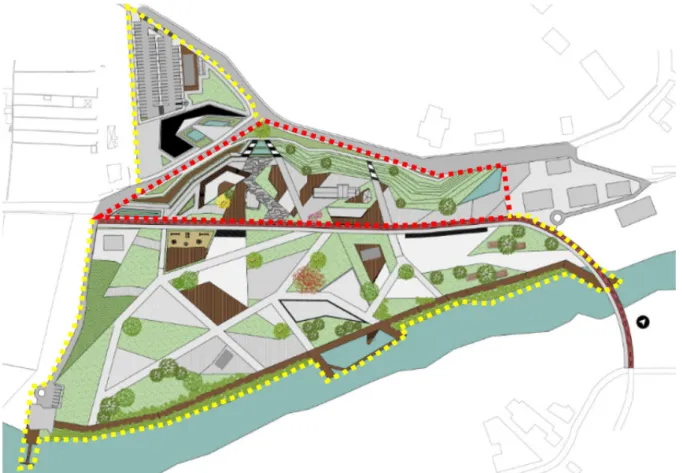 Figure 11: Urban design project: First phase of the solution (in red); Second phase of the solution   (in yellow), São Pedro do Sul