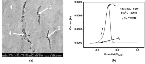 Figure 4. (a) Microstructure and (b) DL-EPR curve of specimen aged at 550 °C for 300 h.
