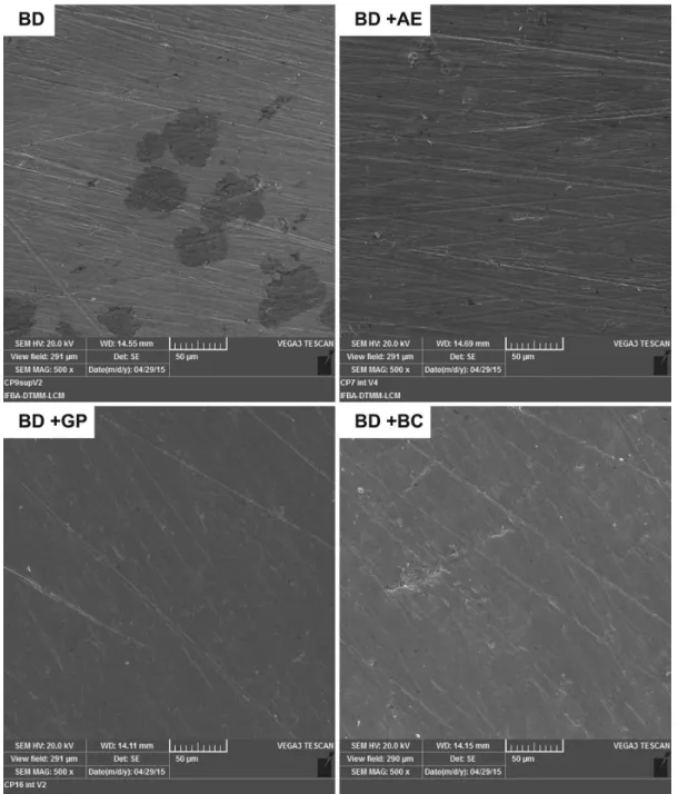 Figure 3. Micrographs (SEM) of surface after exposure to biodiesel in presence (400 ppm) and absence of different corrosion inhibitors.