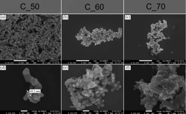 Figure 4. SEM images of the samples: C_50 (a, d); C_60 (b, e) and C_70 (c, f). Scale Bars: (a), (b) and (c) is 1 µm; (d), (e) and (f) is 100 nm.