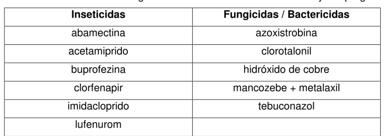 Tabela 02. Inseticidas e fungicidas/bactericidas utilizados no manejo de pragas.