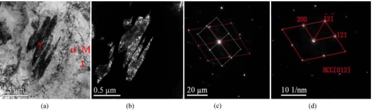 Figure 6. TEM micrographs of 5µm Fe-7.9Mn alloy powders (a) bright, (b) dark ield electron image, (c) SADP of austenite, (d) SADP  of matrix (marked as 1 in (a)).