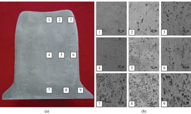 Figure 5. Porosity distribution of billets at different spray temperature (a) 1133 K; (b) 938 K.