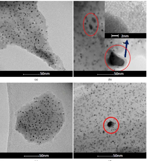 Figure 5. TEM micrographs of (a) Ni-C500; (b) Ni-C600; (c) and (d) Ni-C700 samples.