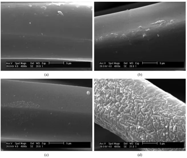 Figure 5. Fibers microscopic image of samples (a) untreated; (b) treated by 10 minutes; (c) treated by 30 minutes (d) treated by 60 minutes.