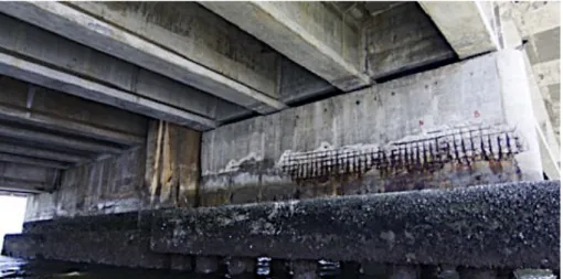 Figura 4.2 - Vista de um dos pilares da ponte, mostrando a desplacamento do concreto de  cobrimento provocado pela corrosão da armadura
