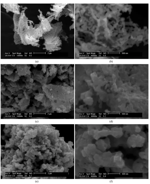 Figure 4. SEM micrographs of the as-prepared samples by a microwave-induced combustion method using as fuel: citric acid (a-b), urea  (c-d) and glycine (e-f)