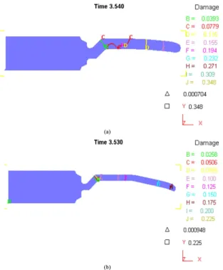 Figure 7. Crack  initiation  predicted  by  normalized  Crokcroft- Crokcroft-Latham fracture model with different extrusion ratios at 3.5 s: 