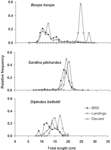 Fig. 3. Length frequency distribution by fate (landings, discards, and escapees through BRD) for bogue (Boops boops), sardine (Sardina pilchardus) and Senegal seabream (Diplodus bellottii).