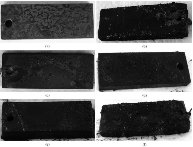 Figure 5. a) Welded joint in brine, pH=5.0; b) base metal in brine, pH = 3.0; c) welded joint in solution 1, pH= 5.0; d) welded joint in  solution 1, pH=3.0; e) welded joint in solution 2, pH=5.0; f) welded joint in solution 2, pH=3.0.
