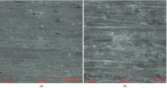 Figure 10  presents the wear tracks for the AISI H13  without treatment. In these micrographies it is possible to  observe large plastic deformation, presence of risk/grooves  in the wear track parallel to the sliding direction, indicating  signs of abrasi