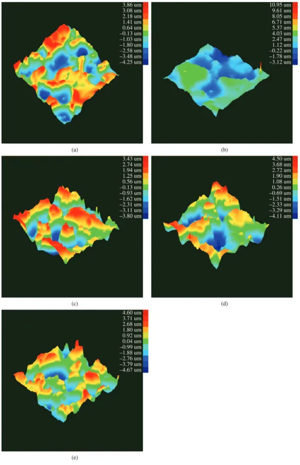 Figure 6. Proilometer image of (a) F0P90M, (b) F1P90M, (c) F2P90M, (d) F3P90M and (e) HDG.