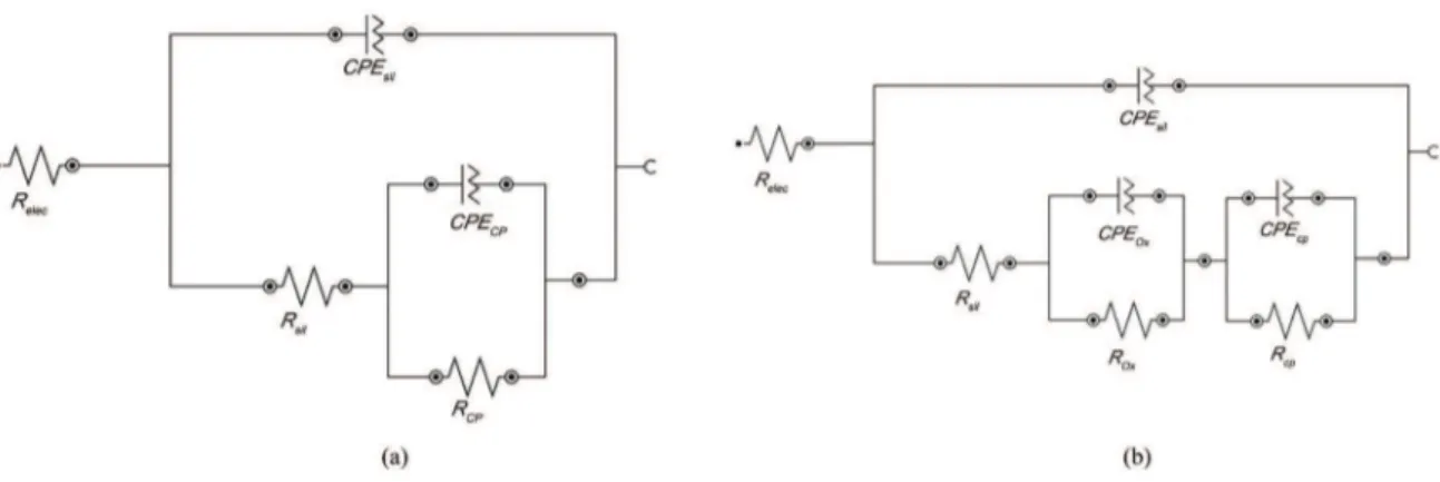 Table 4. Electrical elements itted values for the samples studied up to 96 h of immersion in a 0.05 M NaCl solution.