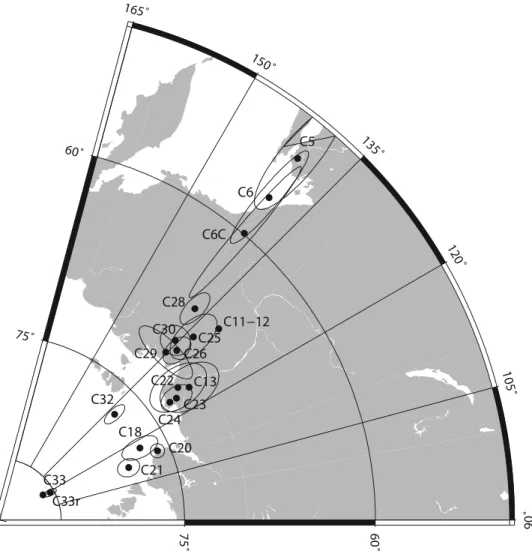 Figure 5. Location of the Eurasia-Iberia Euler rotation poles with respect to the North American plate as listed in Table 1