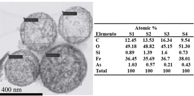 Figure 3: EDS analyses from the MNPs synthesized by the AACVD method, after the contact tests with As ions (As +3  y As +5 ).
