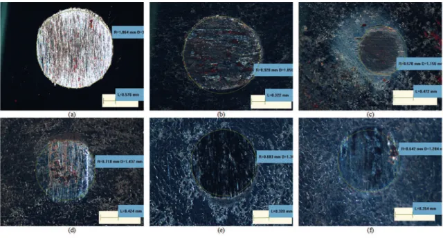 Figure 8: Caps produced in wear tests of nitrided materials under a maximum load of 16 N at (A) 350 ºC, (B) 400 ºC, (C) 450 ºC, (D)  500 ºC, (E) 550 ºC and (F) 570°C.