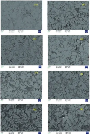 Figure 7. Chemical composition by EDS of (a) 3% reinforcement,  (b) 6% reinforcement, (c) 9% reinforcement, (d) 12% reinforcement.