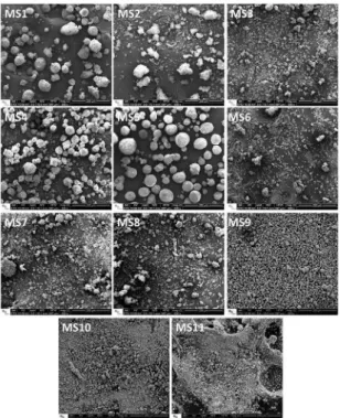 Figure 6:  SEM micrographs presenting the microspheres obtained  by the diferent processing conditions tested in the factorial design.
