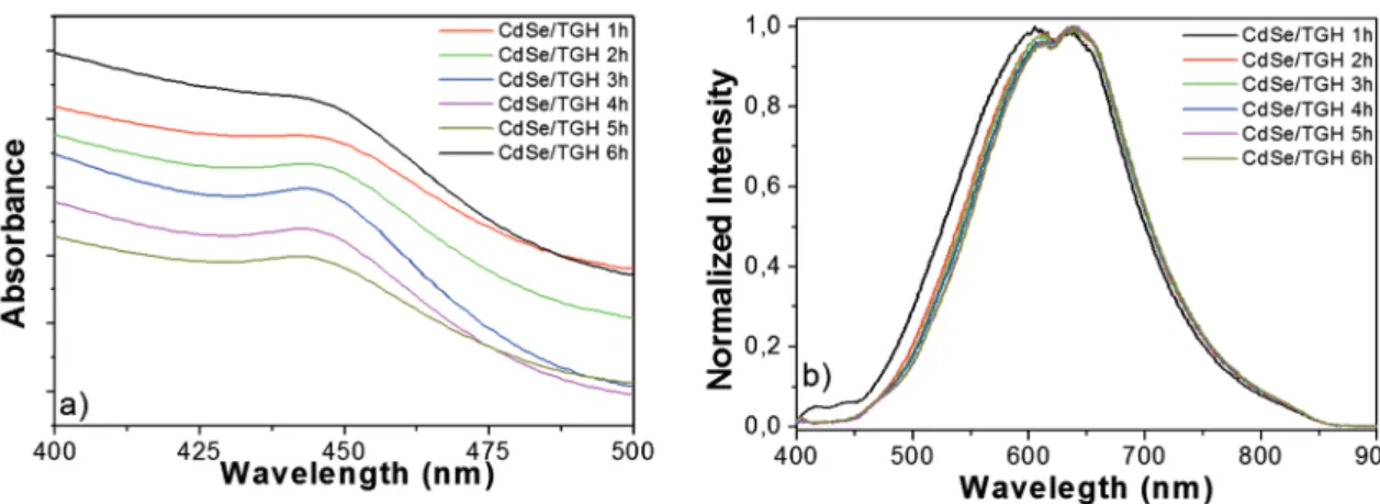 Figure 5: UV-visible absorption a) and luorescence b) spectra of CdSe/TGH QDs at diferent reaction times.