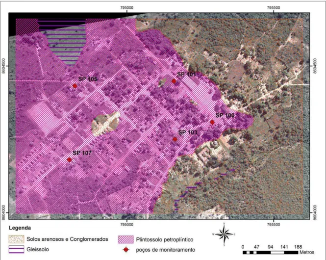 Figura 14. Mapa imagem da Vila do Retiro com poços de monitoramento e a distribuição dos materiais  em superfície