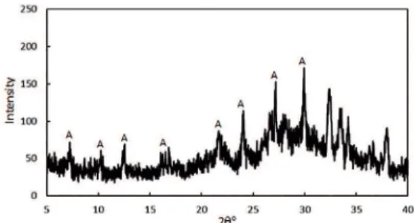Figure 4: XRD pattern of the powder material formed in the  reaction mixture with composition C primary  after 4.5 h of conventional  synthesis at 90°C.