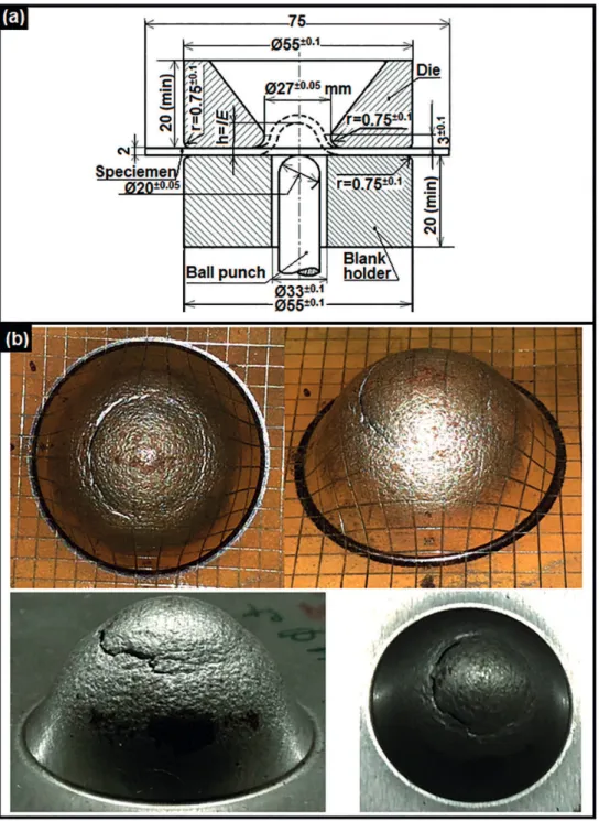 Figure 2: a) Schematic showing of Erichsen cup test arrangements; b) photo images of Erichsen cup specimens.