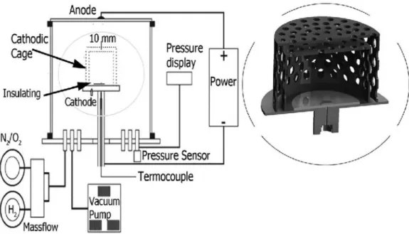 Figure 1: Schematic view of the ion nitriding reactor showing the spatial arrangement of the double cathodic cage.