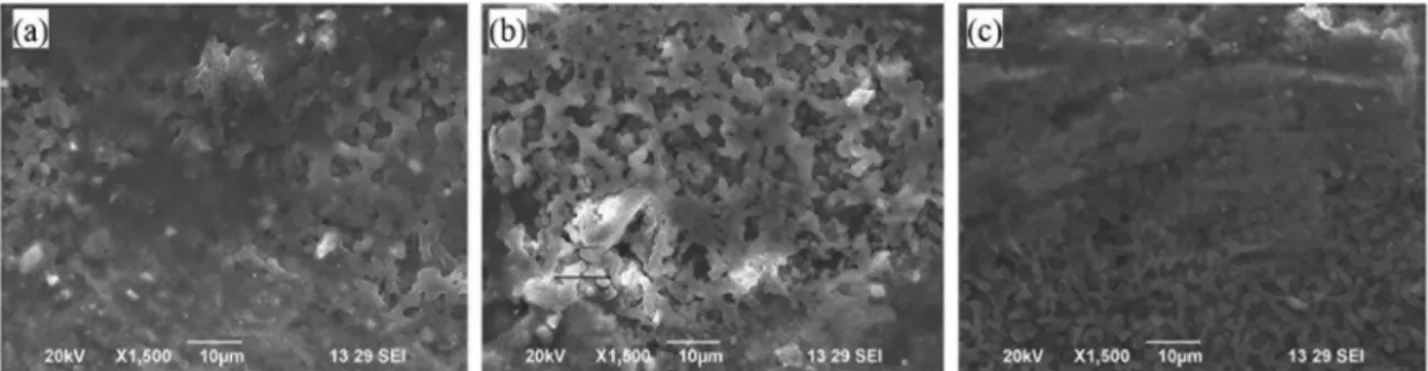 Figure 3:  SEM images of (a) advancing side, (b) stir zone and (c) retreating side Al7020 joint with no interlayer.