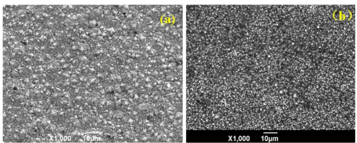 Fig. 1 SEM micrographs of surface: (a) Ni-Co coating (b) Ni-Co-ZrO2 composite coating