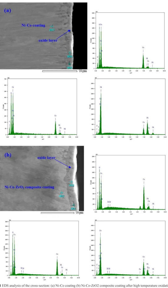 Fig. 11 EDS analysis of the cross-section: (a) Ni-Co coating (b) Ni-Co-ZrO2 composite coating after high temperature oxidation test for  6 h at 873 K.