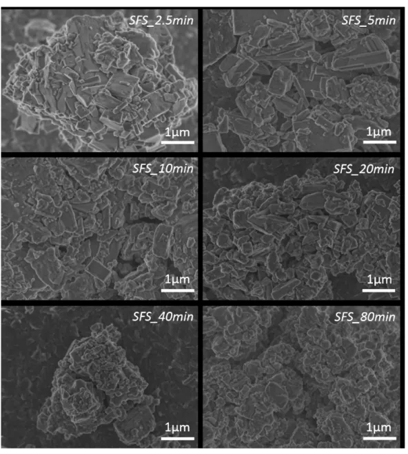 Figure 2. FEG-SEM micrographs of simple superphosphate (SSP) fertilizer milled at different times.