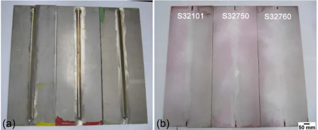 Fig. 5. Welded joints of UNS S32101, S32750, and S32760 DSS: (a) face, (b) root submitted to liquid penetrant test.