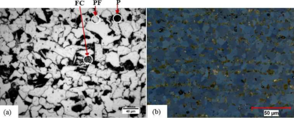 Figure 4: Optical microstructure characterization of FGHAZ for S-SAW. (a) 2% Nital etching and (b) Klemm I etching.