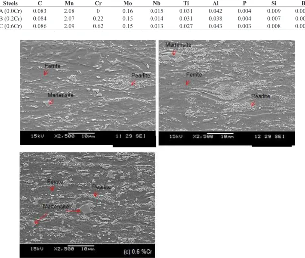 Fig. 1. Initial microstructures of cold rolled steels with different chromium content (before annealing).