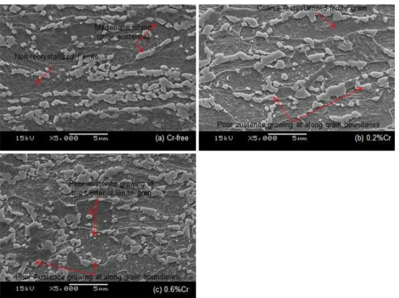 Fig. 5 shows the microstructures of steels with different  Cr concentrations, obtained by EBSD (IPF) after annealing at  740ºC: i) the Cr-free steel shows regions of non-recrystallized  elongated grains, predominantly, with a few ﬁne recrystallized  grains
