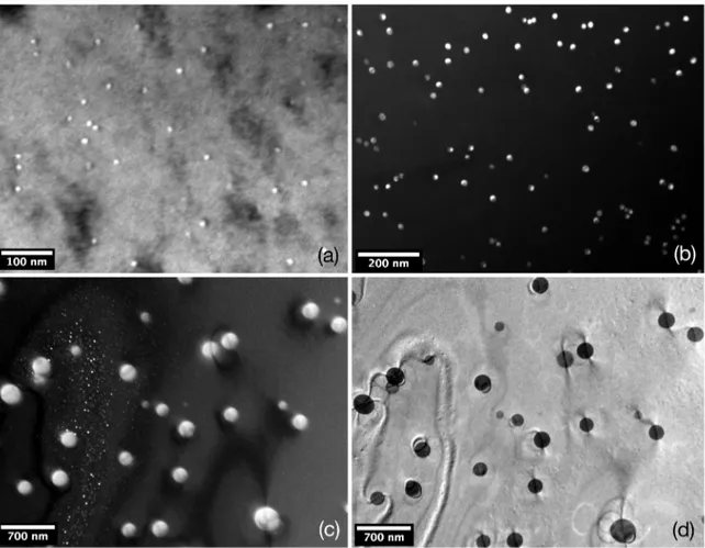 Figure 7. TEM images of an Al-0.22Zr alloy: (a) dark-ield micrograph of sample aged at 650 K for 100h; (b) dark-ield, aged at 700 K  for 100 h; (c) dark-ield, aged at 650 K for 400 h; (d) bright-ield image of Fig.7c.