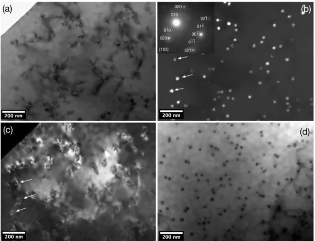 Figure 8. TEM micrographs of the Al-0.22Zr alloy aged at 700 K for 100 h. (a) bright-ield image, (b) complementary dark-ield image  of Fig.8a, (c) complementary dark-ield image of Fig.8a and (d) tilted bright-ield image.