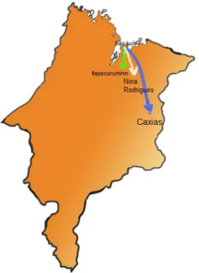 Figura 1 - Ilustração do mapa do Maranhão e o trajeto feito pelo grupo para   as apresentações nas três cidades-estações da Balaiada 