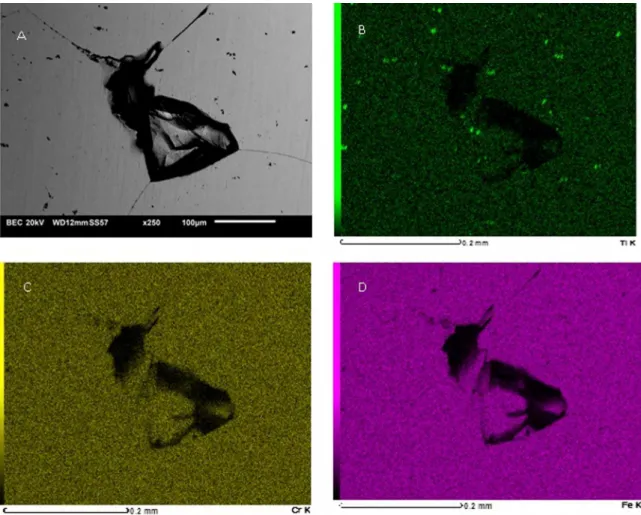 Figure 14. a) SEM micrograph of the AISI 409 stainless steel after potentiostatic polarization, showing a pit at grain boundaries intersections  and dark small Ti-rich precipitates; EDS elemental mapping for: b) Ti; c) Cr and d) Fe.