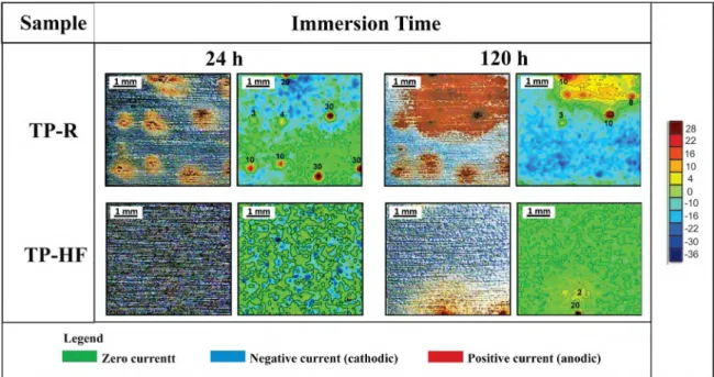 Figure 14. SVET micrographs of the samples, after 24 h and 120 h of immersion in 0.05 M NaCl.