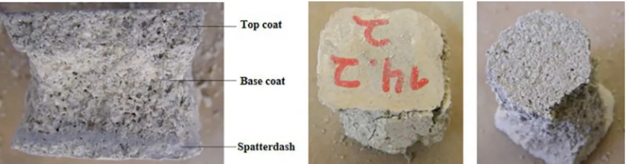 Figure 8. Square cross section reference specimen of multi-coat traditional render after compressive strength test (proile view, left; base  of spatterdash layer, centre; surface of top coat, right).