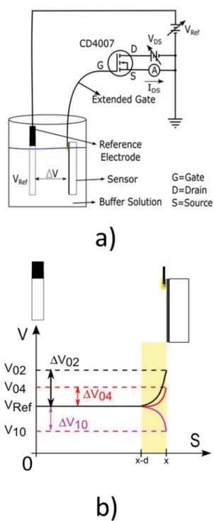 Figure 1. a) The whole apparatus to use an EGFET as a biosensor. b)  Electrostatic potential distribution though the space
