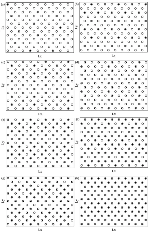 Figure 1. Static vortex conigurations, where the black dots represent the vortex lattice and the black circles  the triangular pinning lattice at (a) B/B ϕ =1/9, (b) B/B ϕ =1/4, (c) B/B ϕ =1/3, (d) B/B ϕ =1/2, (e) B/B ϕ =2/3, (f) B/