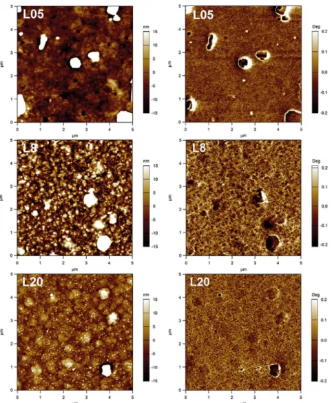 Figure 2. Images showing the topography obtained by AFM (left column) and the mapping of charge  conduction, obtained by phase EFM (right column), for 5μm x 5μm regions of the LCMO top layer.