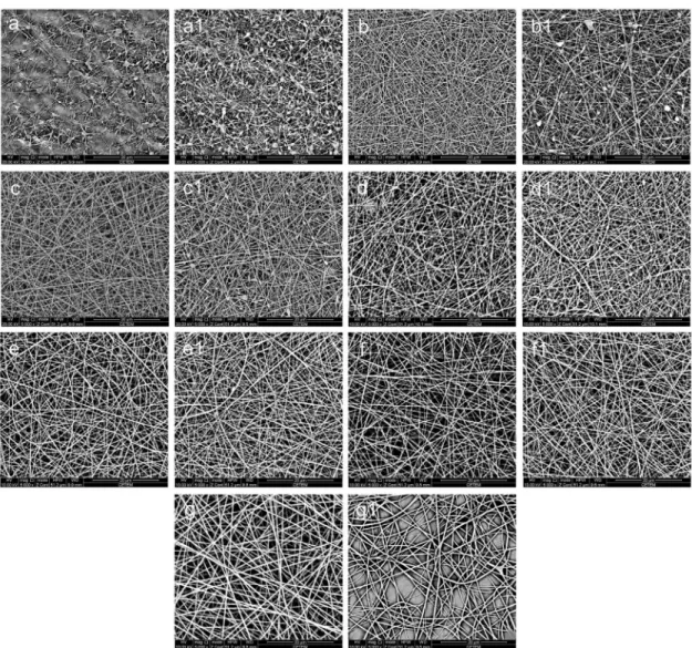 Figure 1. SEM images for PVA/CS nanoibers electrospun at 15 and 20 kV, respectively, from mixed solutions at 50:50 (mixture M1; a,  a1), 60:40 (mixture M2; b, b1), 70:30 (mixture M3; c, c1), 75:25 (mixture M4; d, d1), 80:20 (mixture e, e1), 85:15 (mixture 